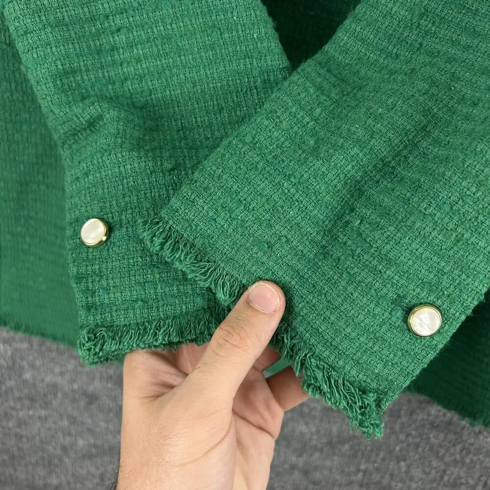 Mango Blazer XXL Tweed Double Breasted Fringe Green Office Work Meetings Retro - Picture 6 of 16